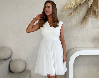 Short White Dress, Short Wedding Dress, White Cocktail Dress, Simple Wedding Dress, A-line Wedding Dress, Elegant dress, XS - L, V- Neck
