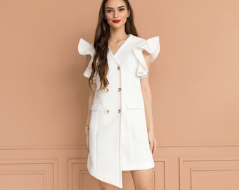 Courte robe blanche, robe de cocktail blanche, simple robe de mariée courte, genou longueur robe blanche pour les femmes, robe asymétrique avec des volants