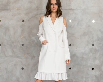 White Cocktail Dress, Simple Wedding Dress Short, Wedding Dress with Sleeves, White Dress with Pockets, White Blazer Dress Cold Shoulders