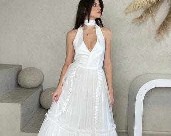 Long White Dress, Long Wedding Dress, White Dress With Tulle, Open Back Wedding Dress, Naked Back Elegant dress, V-Neck White Dress