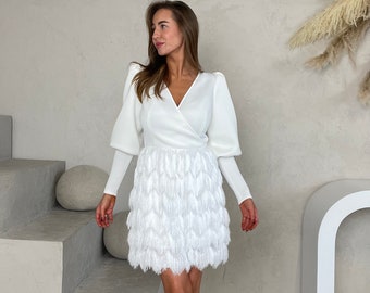 Short White Dress, Short Wedding Dress, White Cocktail Dress, A-line Wedding Dress, Elegant dress, XS - L, V-Neck, Long Puffed Sleeves