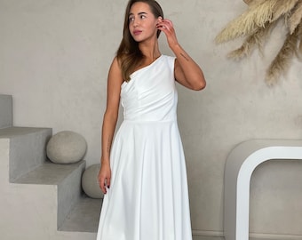 Long White Dress, Long Wedding Dress, Elegant dress, One Sleeve Dress,  Minimalist Dress, Wide skirt Dress, Simple A-line Wedding Dress