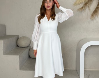 Midi White Dress, Long Wedding Dress, White Dress V-Neck, Elegant dress, Little White Dress, Long Sleeve Dress, Simple A-line Wedding Dress