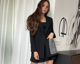 Eleganter Blazer, Herbst Blazer, Hochwertiger Blazer, süßer Blazer, Jacke mit karierter Tasche, schwarzer Blazer, Jacke mit Knopf und Taschen