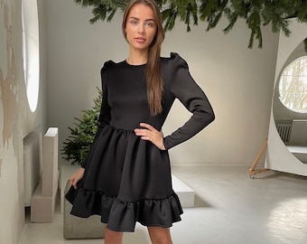 Black Short Dress, Prom Dress, Elegant Dress, Minimalist Dress, Evening Dress, Occasion Dress, Romantic Dress, XS-L, Long Sleeves Dress