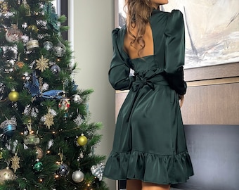 Ruffle Dress, Christmas Party Dress, Green Dress, Dress With Belt, Open Back Dress, Cocktail Dress,  A.P.Line Custom Dress