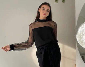 Black Blouse, Elegant Blouse, Black Tulle Blouse, Stylish Blouse, XS-L, Women's Blouse, Blouse for work, Fashionable Blouse, Romantic Blouse