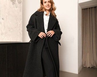 Dark Grey Wool Coat, Extravagant Coat, Women's Coat, Fall Coat, Cashmere Wool Coat, Masculine Coat, Symmetrical Coat, Autumn Winter Coat