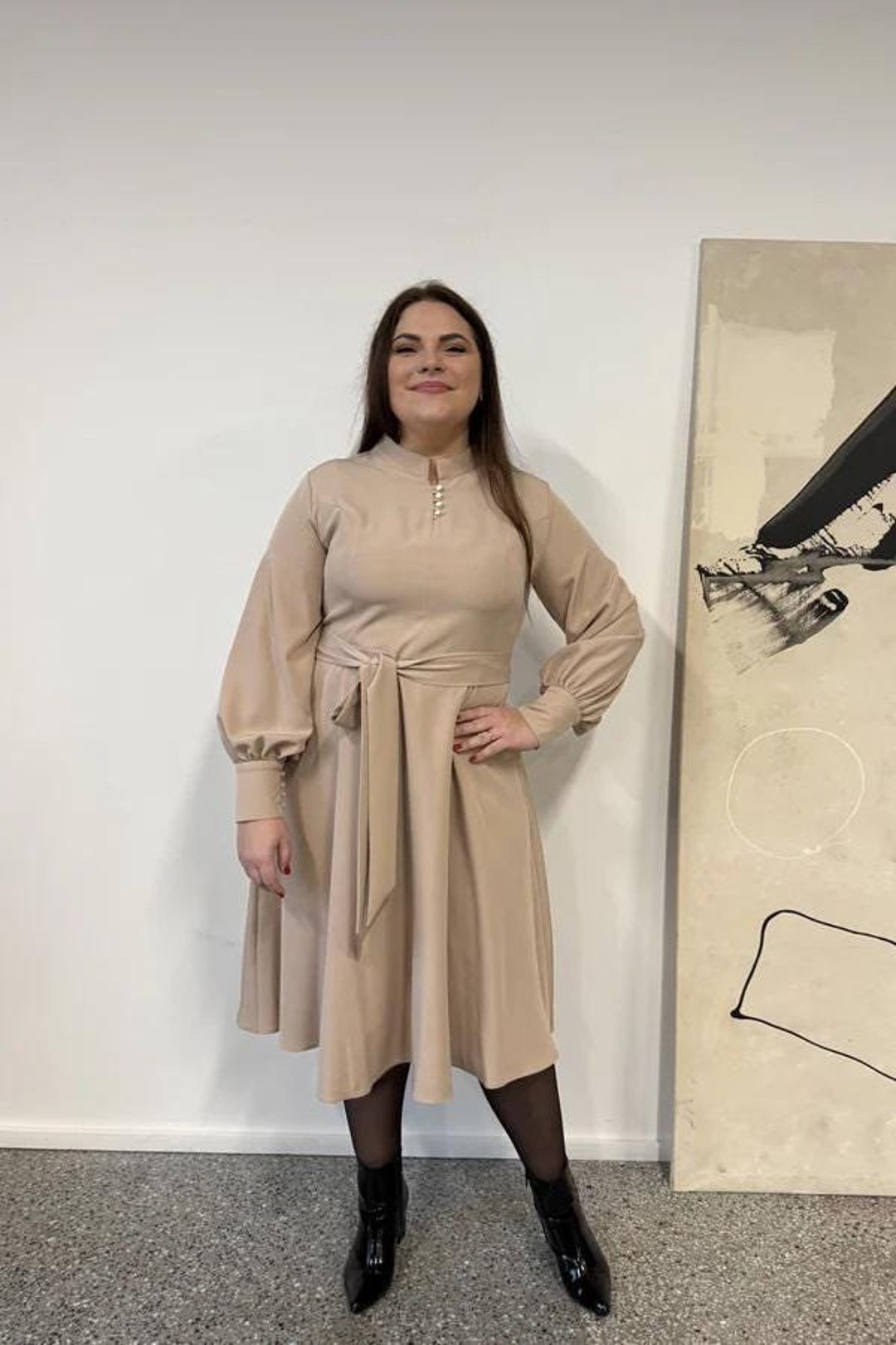 cream and black professional mid sleeve dress stretchy /xl main image 0