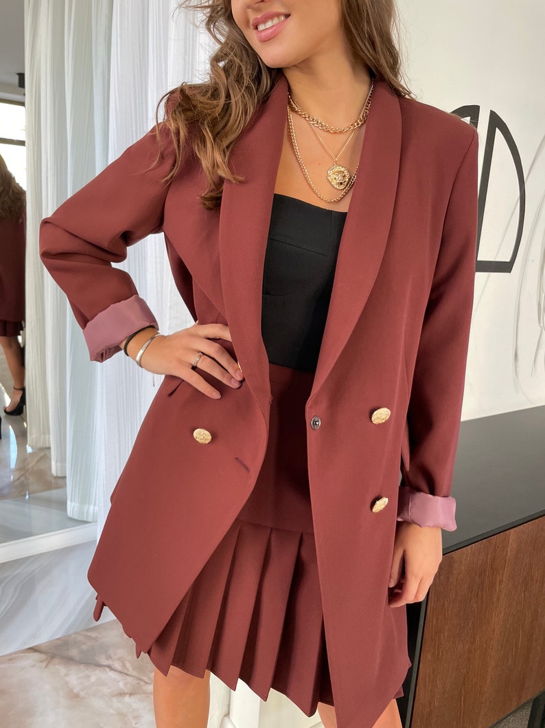 Two Piece Women Suit, Women Pleated Skirt Suit, Women Blazer and Skirt, Women Work Suit, Elegant Suit for Women, Long Jacket Suit for Women image 5