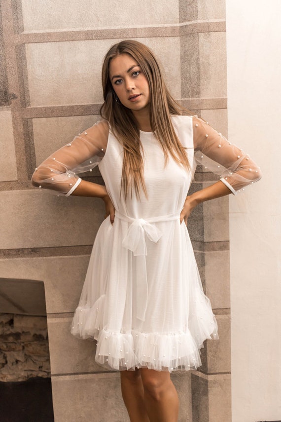 Vestido Blanco Corto, Vestido Cóctel Blanco, Vestido Novia Corto, Vestido  Tul Mujer, Vestido Blanco Mujer, Vestido Cóctel con Perlas -  México