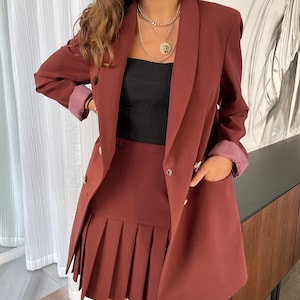 Two Piece Women Suit, Women Pleated Skirt Suit, Women Blazer and Skirt, Women Work Suit, Elegant Suit for Women, Long Jacket Suit for Women image 4