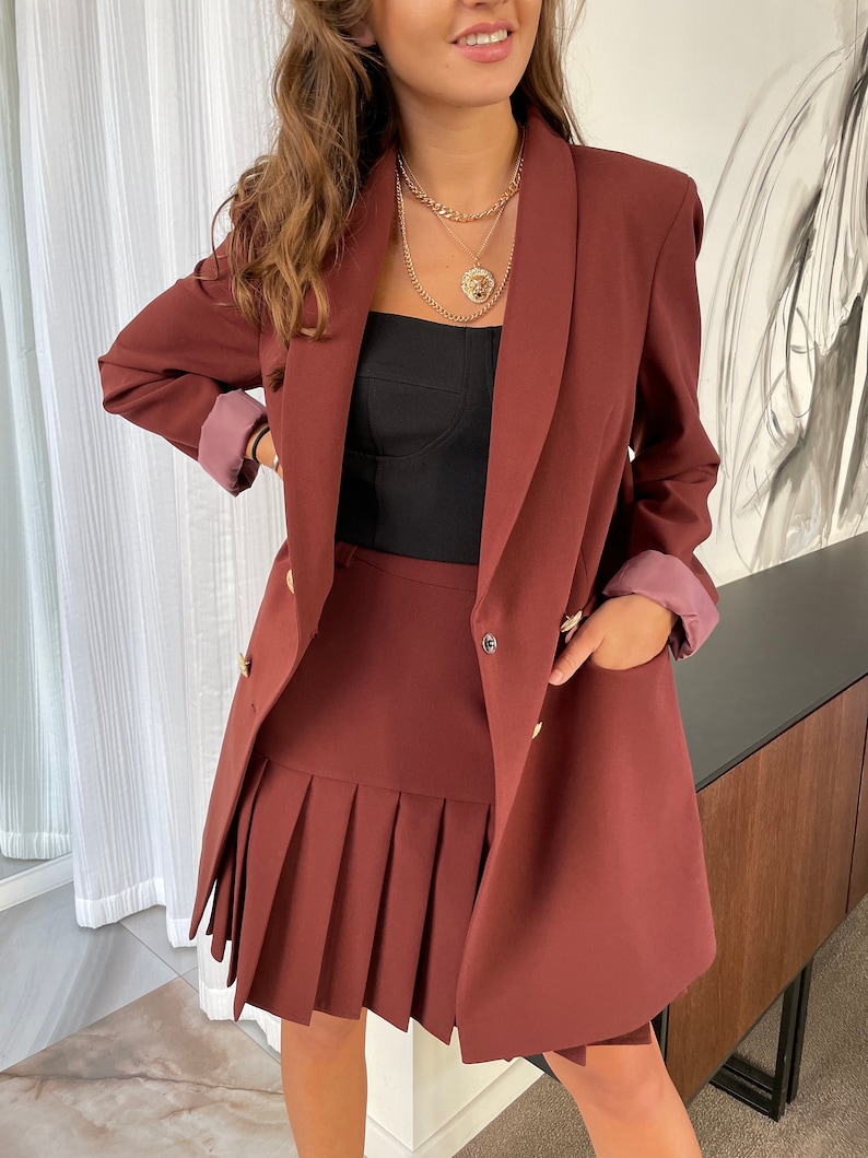 Two Piece Women Suit, Women Pleated Skirt Suit, Women Blazer and Skirt, Women Work Suit, Elegant Suit for Women, Long Jacket Suit for Women image 4