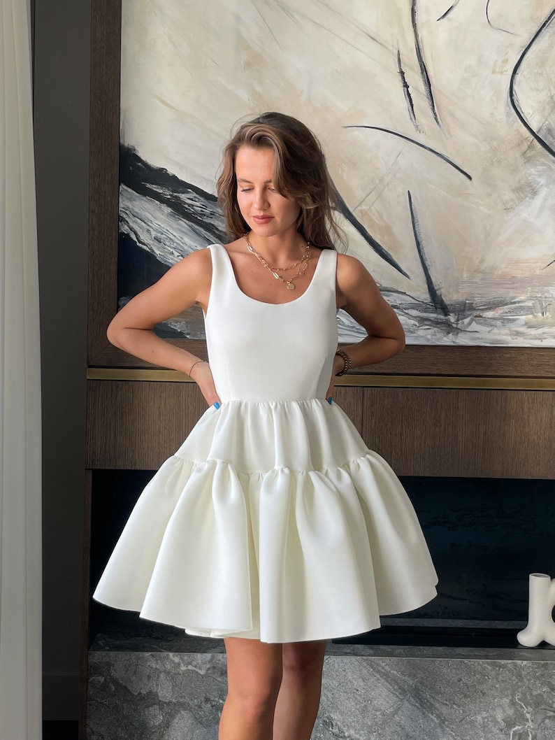 Short White Dress, Short Wedding Dress, White Cocktail Dress, Simple Neoprene Wedding Dress, A-line Wedding Dress, Elegant dress, XS L image 2