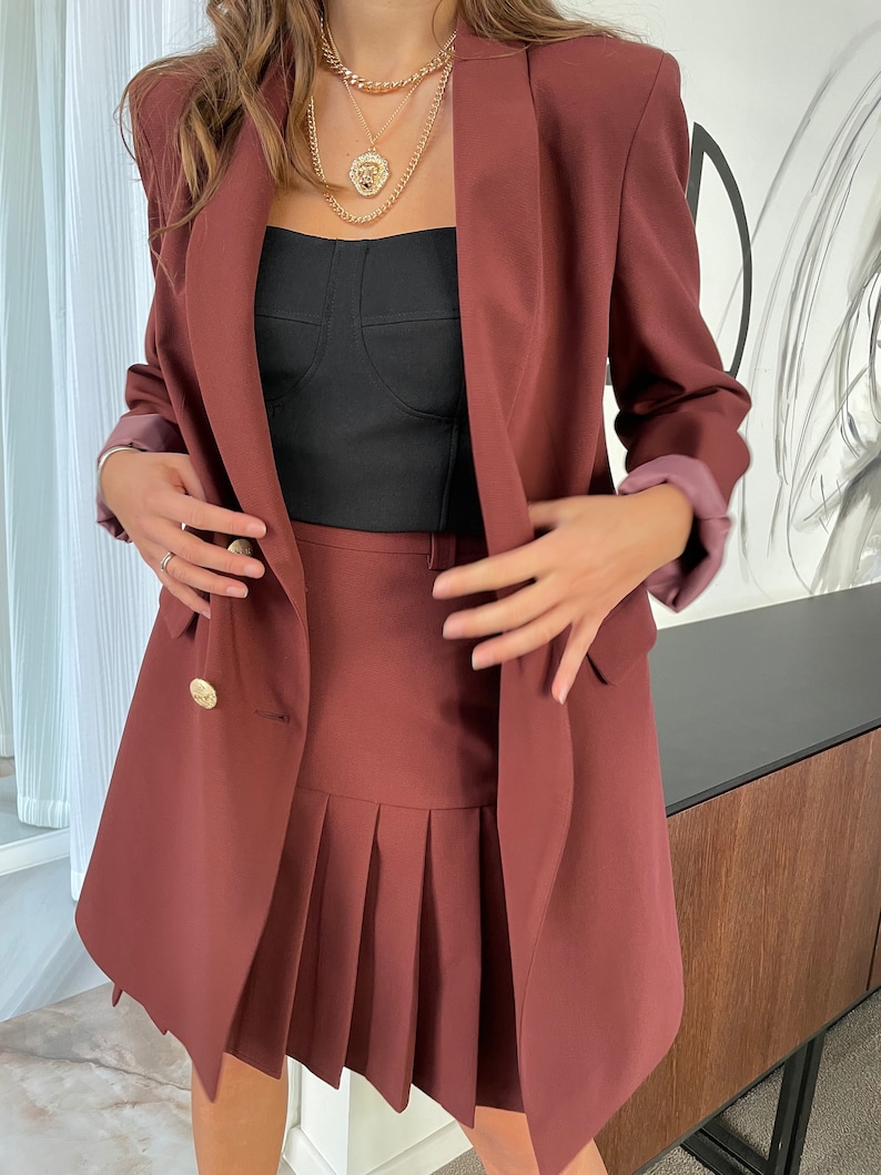 Two Piece Women Suit, Women Pleated Skirt Suit, Women Blazer and Skirt, Women Work Suit, Elegant Suit for Women, Long Jacket Suit for Women image 3