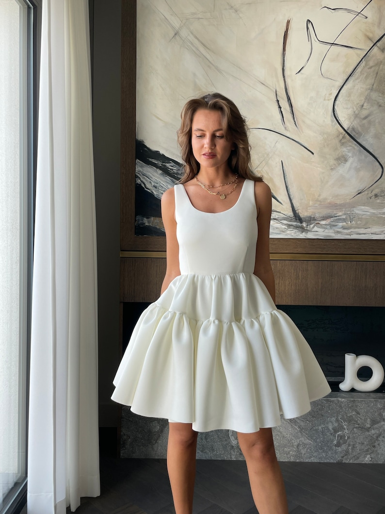 Short White Dress, Short Wedding Dress, White Cocktail Dress, Simple Neoprene Wedding Dress, A-line Wedding Dress, Elegant dress, XS L image 6