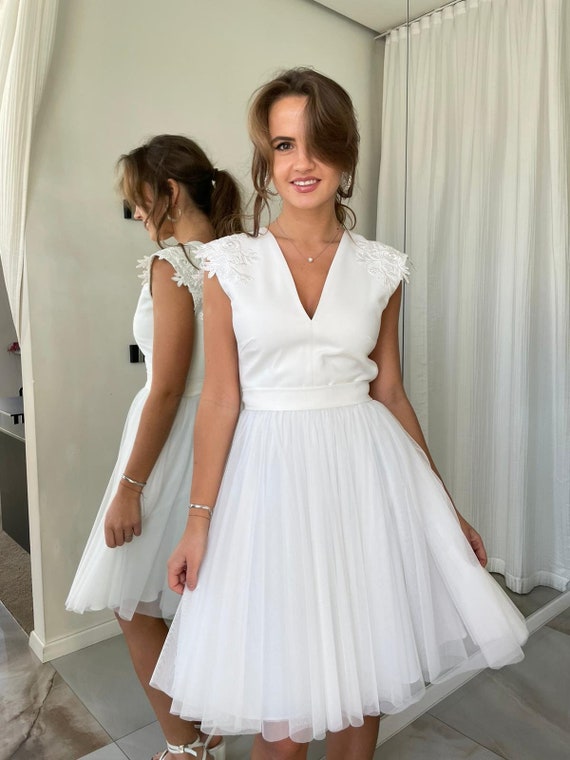 Tulle White Dress, Short Wedding Dress, White Cocktail Tutu Dress