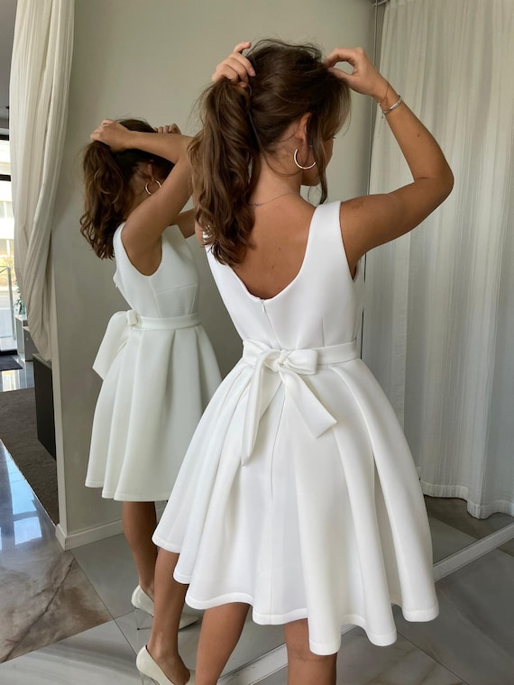 Short Neoprene Dress, Short Prom Dress, Short Wedding Dress, White