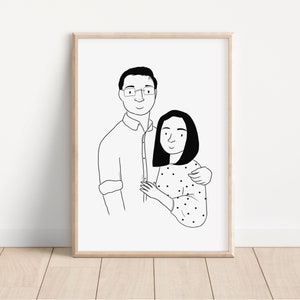Illustrated Waist Up Black and White Portrait -Custom Couple Portrait, Custom Family Portrait,Personalised Portrait, Illustrated Portrait
