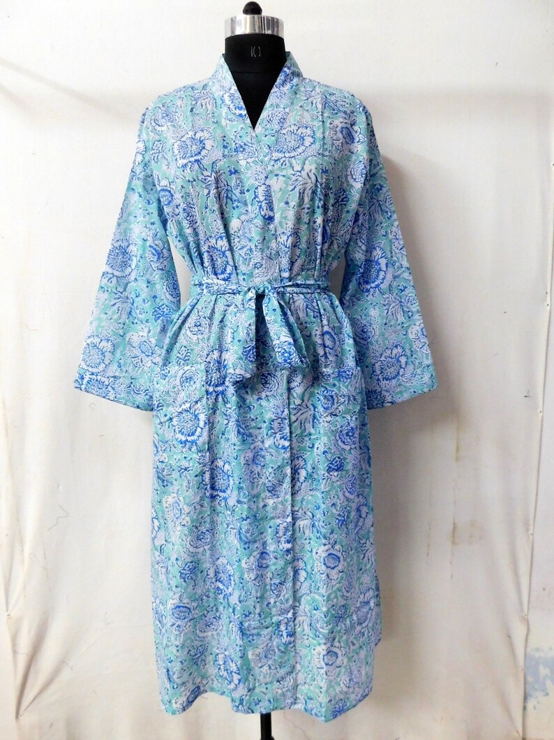 Indian Cotton Floral Block Printed Long Kimono Women Sleepwear Dressing Gown Intimates Bridesmaid Robe