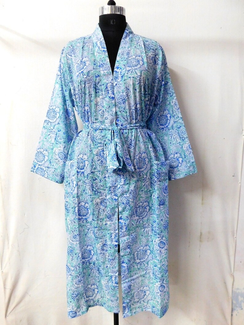 Indian Cotton Floral Block Printed Long Kimono Women Sleepwear Dressing Gown Intimates Bridesmaid Robe