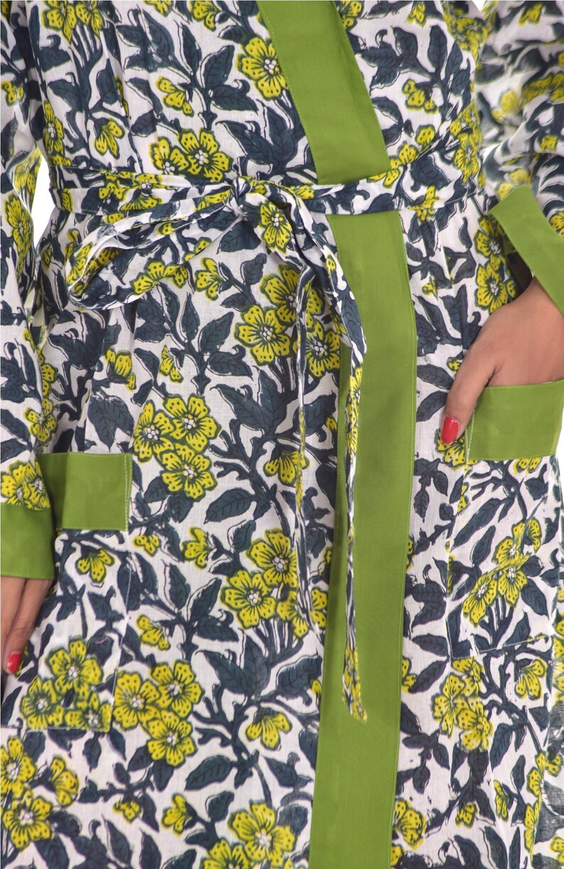 Designer Long Kimono Cotton Green Floral Print Bathrobe Nightwear Gown Intimate Sleepwear Block Print Bridal Dressing Gown Beach Dress New