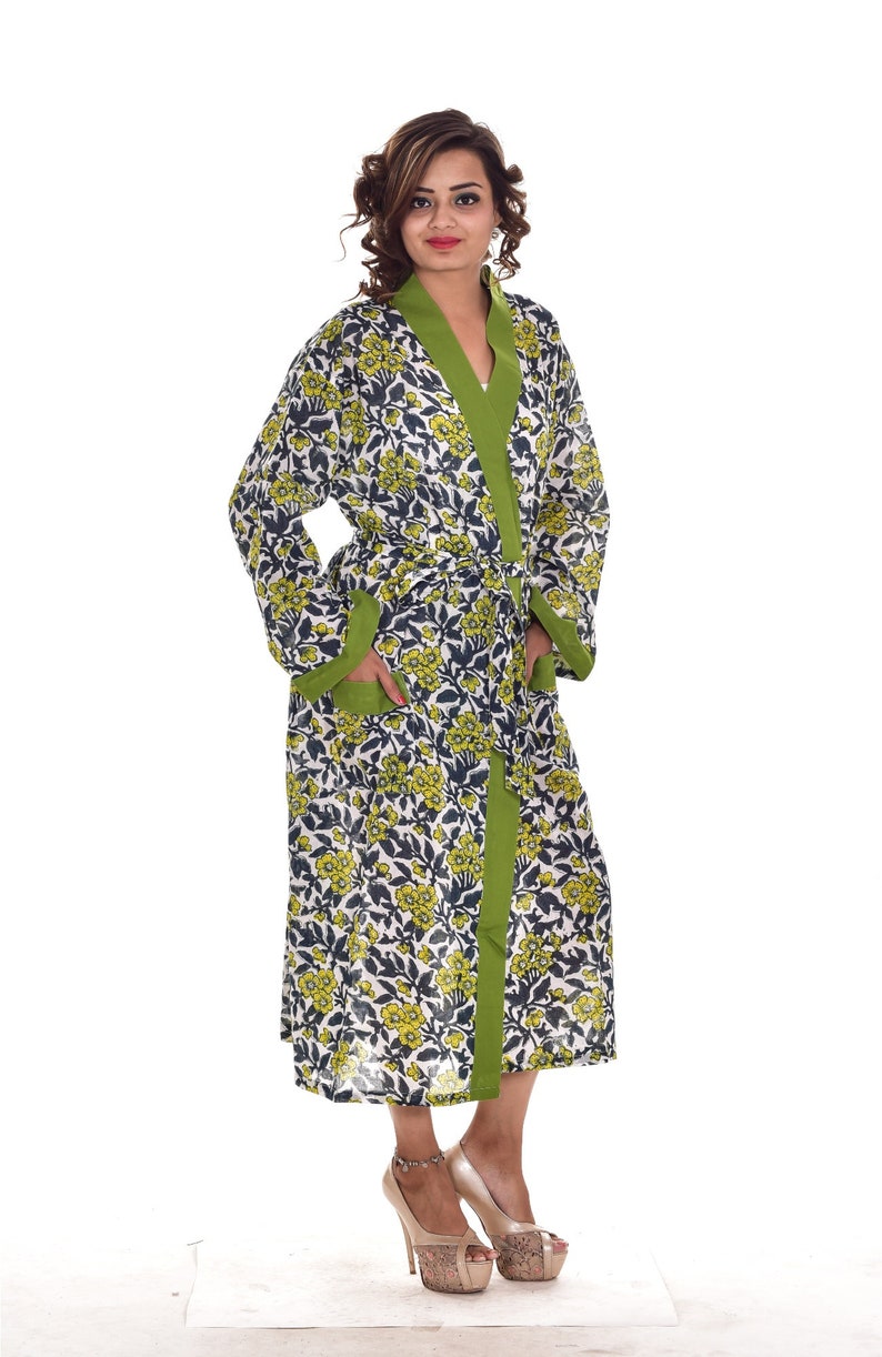Designer Long Kimono Cotton Green Floral Print Bathrobe Nightwear Gown Intimate Sleepwear Block Print Bridal Dressing Gown Beach Dress New