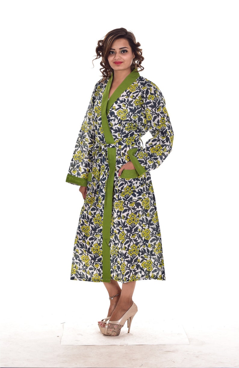 Designer Long Kimono Cotton Green Floral Print Bathrobe Nightwear Gown Intimate Sleepwear Block Print Bridal Dressing Gown Beach Dress New