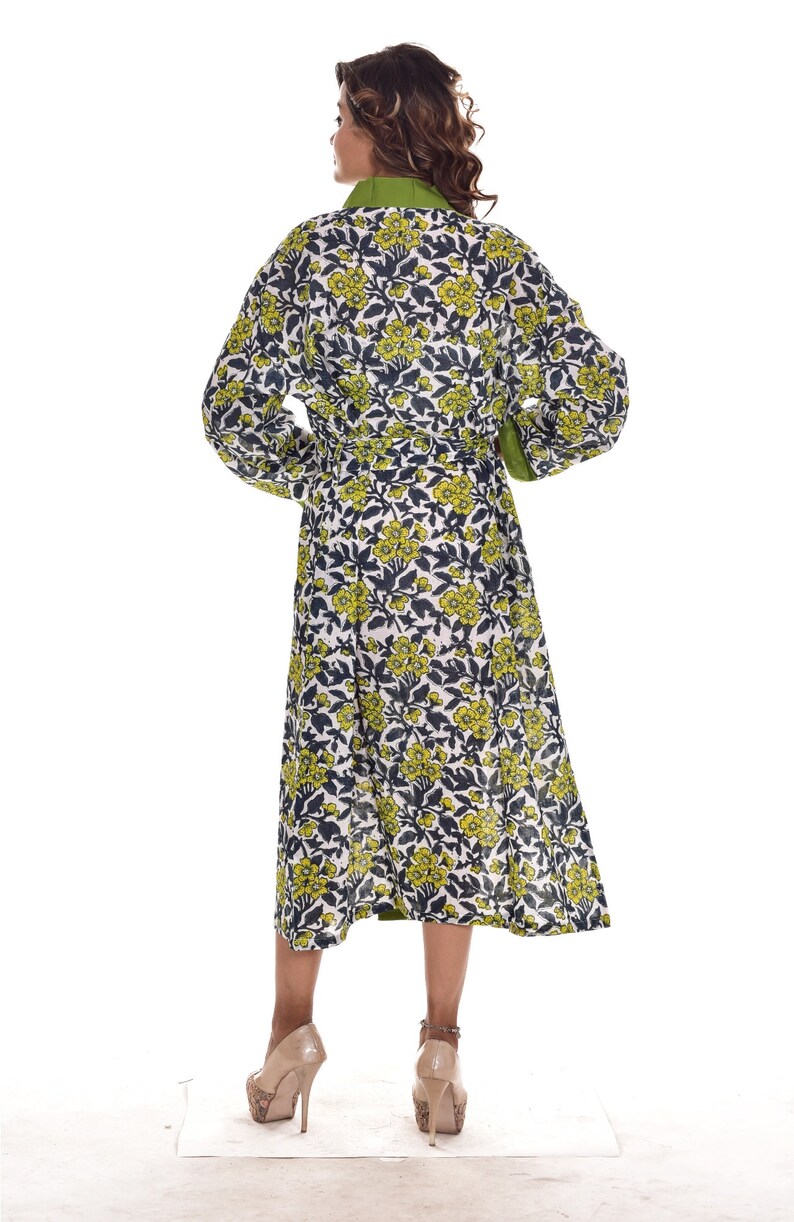 Designer Long Kimono Cotton Green Floral Print Bathrobe Nightwear Gown Intimate Sleepwear Block Print Bridal Dressing Gown Beach Dress New