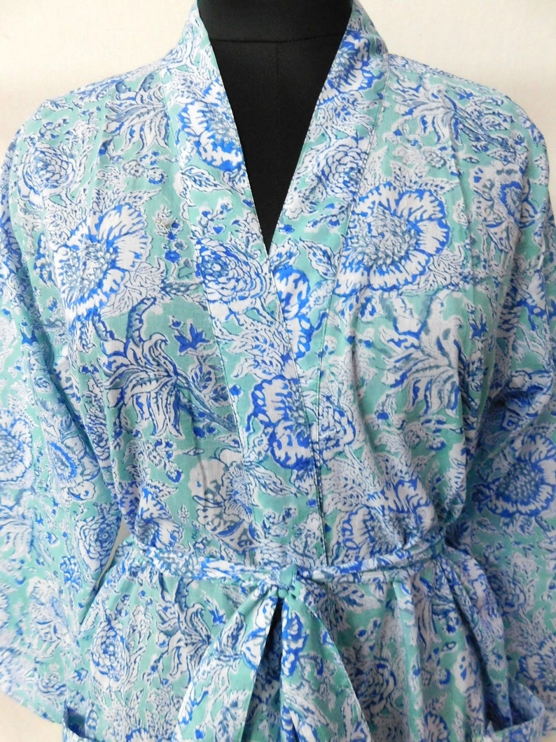 Indian Cotton Floral Block Printed Long Kimono Women Sleepwear Dressing Gown Intimates Bridesmaid Robe