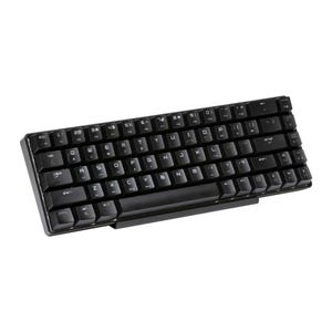 May include: A black mechanical keyboard with a black frame and white lettering on the keys. The keyboard has a number pad and arrow keys.