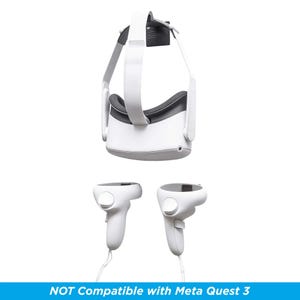 May include: White VR headset with a black headband and two white controllers. The headset is hanging from a wall mount. The text "NOT Compatible with Meta Quest 3" is at the bottom of the image.