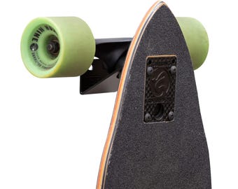 May include: A black skateboard with a wooden deck and black wheels. The skateboard is mounted on a black wall mount with a black metal plate. The skateboard has a black and white graphic on the deck.