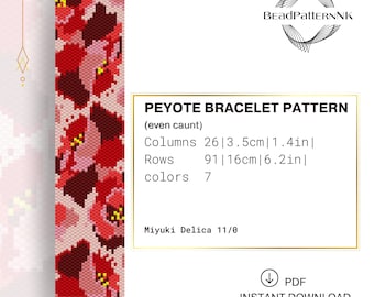 Flowers Peyote Bracelet Pattern PDF | Floral Miyuki Delica Beading Chart | Even Count Seed Bead Tutorial