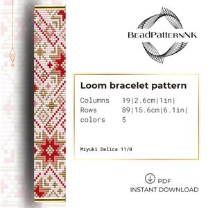 Pode incluir: Um padrão de pulseira de tear com um design geométrico em vermelho, branco e dourado. O padrão inclui colunas de 2,6 cm e linhas de 15,6 cm. O padrão usa 5 cores e é um download instantâneo em PDF.