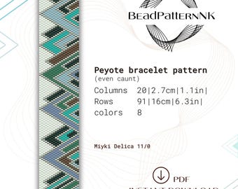 Patrón de pulsera de peyote, cuentas Miyuki Delica, joyería de cuentas, triángulos azul turquesa, proyecto de abalorios, abalorios de semillas, tutorial de punto peyote DIY