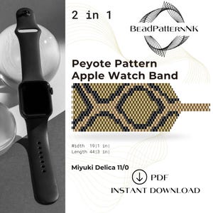 Puede incluir: Apple Watch negro con correa a juego junto a una correa de Apple Watch con patrón de peyote con cuentas. La correa con cuentas presenta un diseño geométrico en negro, marrón y dorado. El texto dice "Peyote Pattern Apple Watch Band" y "Instant Download". La correa con cuentas mide 48 cm de largo y 19 cm de ancho.