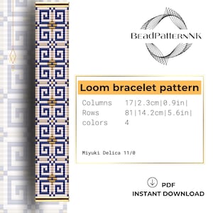 Può includere: Un modello per braccialetto con telaio con un design geometrico blu navy, oro e bianco. Il modello include il testo "Loom bracelet pattern", con dimensioni di 17 colonne (2,3 cm) e 81 file (14,2 cm). PDF per il download immediato.