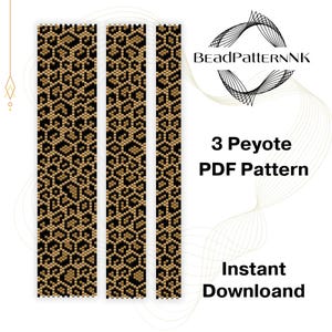 Può includere: Tre modelli di perline verticali con un motivo leopardato nero e marrone. L'immagine include il testo "3 Peyote PDF Pattern" e "Instant Download" con il logo "BeadPatternNK".