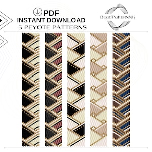 May include: A digital download graphic featuring five peyote patterns in various color schemes. The patterns include black, cream, gold, and shades of brown and blue. Text at the top reads "PDF INSTANT DOWNLOAD 5 PEYOTE PATTERNS."