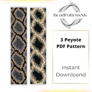 Könnte beinhalten: Zwei vertikale rechteckige Streifen mit einem sich wiederholenden Schlangenhautmuster aus schwarzen, beigen und blauen Perlen. Der Text BEADPATTERNNK, 3 Peyote PDF Pattern und Instant Download ist auf der rechten Seite abgebildet.
