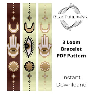 May include: A digital pattern for a 3-loom bracelet. The design features repeating patterns of a hand, an eye, and other geometric shapes in brown, beige, and black. The text reads "3 Loom Bracelet PDF Pattern" and "Instant Download".