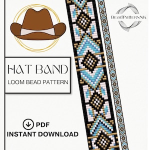 Puede incluir: Un patrón PDF digital para un proyecto de cuentas de telar de banda de sombrero. El diseño presenta un patrón geométrico en negro, blanco, dorado y turquesa. La imagen incluye una ilustración de sombrero de vaquero marrón y el texto "HAT BAND LOOM BEAD PATTERN".