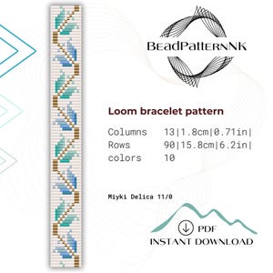 May include: A loom bracelet pattern with a blue, green, and brown design. The pattern is for a bracelet that is 13 columns wide and 90 rows long. The pattern requires 10 colors of beads. The pattern is for Miyuki Delica 11/0 beads.