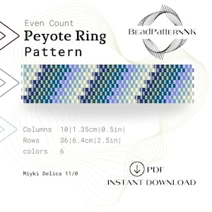 Pode incluir: Um padrão de anel peyote de contagem par da BeadPatternNK com um design geométrico em tons de azul, verde-azulado e creme. Os detalhes incluem 10 colunas de 1,35 cm, 36 linhas de 6,4 cm, 6 cores e contas Miyuki Delica 11/0.