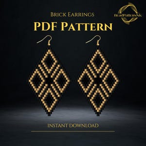 May include: Black and gold brick earrings with a geometric design. The earrings are diamond-shaped and feature a pattern of gold squares on a black background. The image includes the text "BRICK EARRINGS PDF PATTERN" and "INSTANT DOWNLOAD".