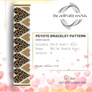 May include: A beaded peyote bracelet pattern with a leopard print design. The pattern includes columns of 1.4 inches and rows of 6.6 inches. The pattern is for Miyuki Delica 11/0 beads and is an instant PDF download.