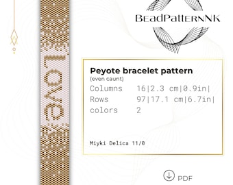 Beaded LOVE Peyote Bracelet Even count peyote stitch pattern Miyuki Delica Beads DIY Jewelry Beading Tutorial Beaded PDF Instant Download