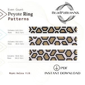 May include: Digital PDF pattern for Peyote ring patterns. The image shows three beaded designs with columns of 0.8, 1.0, and 1.3 cm, and rows of 6.4 cm. The patterns feature a mix of black, white, and gold beads. The text says "Instant Download".