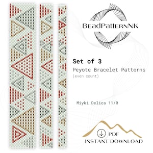 Puede incluir: Tres patrones de pulseras Peyote con diseños geométricos en rojo, gris y marrón sobre fondo blanco. Los patrones están etiquetados como "Set of 3" y están disponibles como descarga instantánea en PDF.